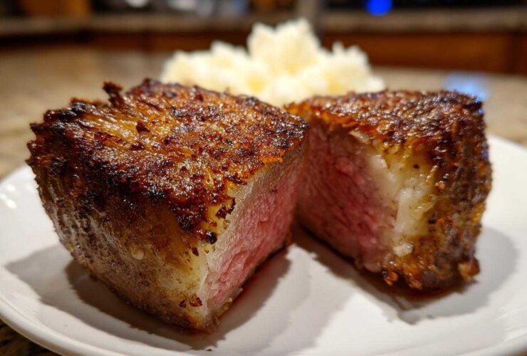 Two halves of a perfectly cooked steak with a seasoned crust and medium-rare center, served next to a portion of mashed potatoes, perhaps accompanying an air fryer baked potato.