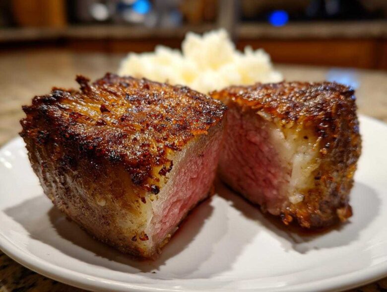 Two halves of a perfectly cooked steak with a seasoned crust and medium-rare center, served next to a portion of mashed potatoes, perhaps accompanying an air fryer baked potato.