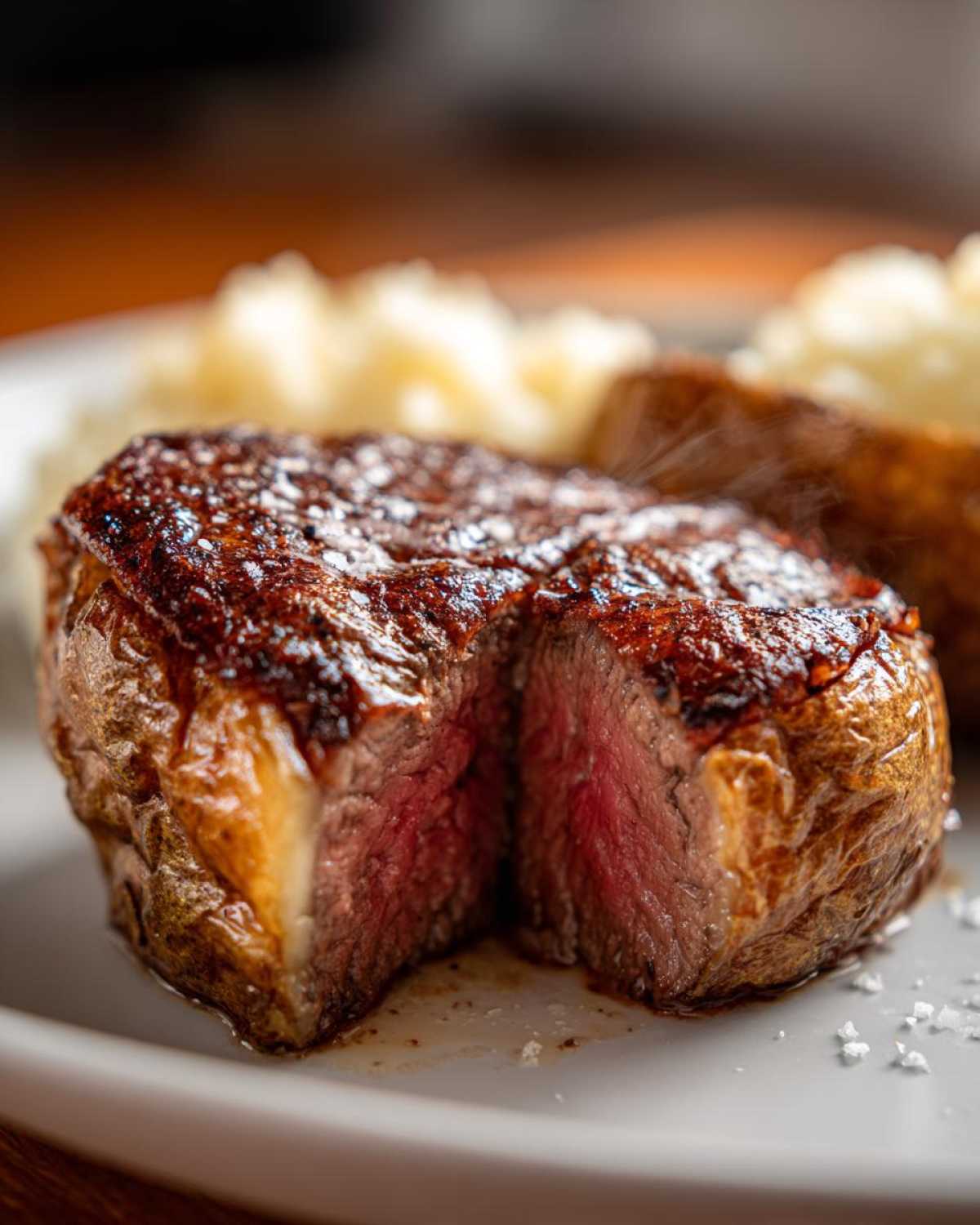 Close-up of a medium-rare steak served next to a fluffy air fryer baked potato.