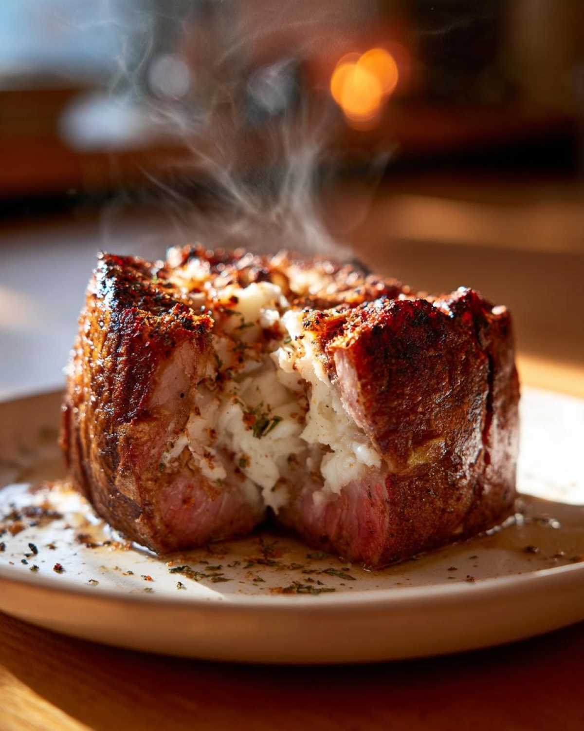 Close-up of a steaming, seasoned, stuffed item, resembling a twice-baked air fryer baked potato, cut open to show fluffy white interior.