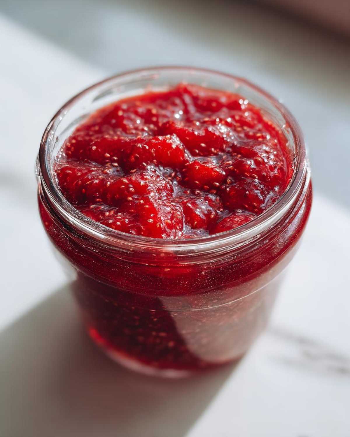 Close-up overhead view of a glass jar filled with vibrant, chunky strawberry freezer jam.