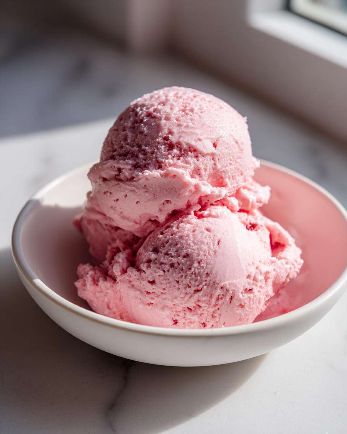 Two scoops of bright pink strawberry ice cream served in a white bowl on a marble surface.