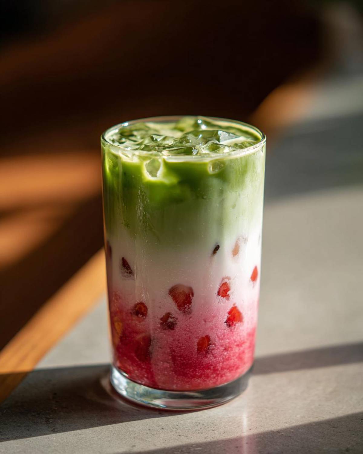 A tall glass showing a vibrant layered strawberry matcha drink with crushed strawberries at the bottom, milk in the middle, and green matcha tea on top over ice.