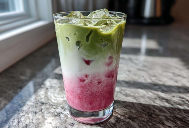 A tall glass featuring a layered strawberry matcha drink with bright pink puree, white milk, and green matcha tea over ice.