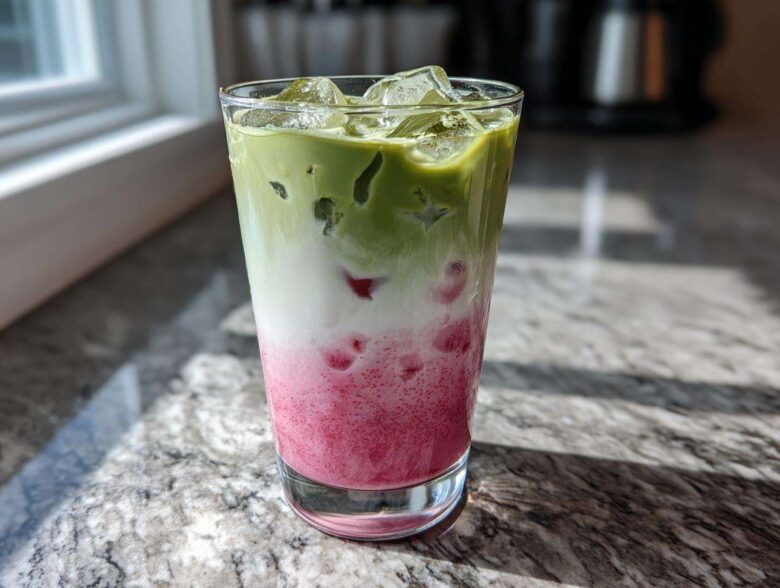 A tall glass featuring a layered strawberry matcha drink with bright pink puree, white milk, and green matcha tea over ice.
