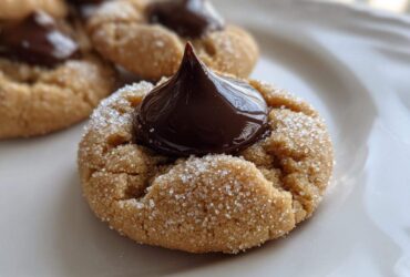 A close-up shot of a perfectly baked peanut butter kiss cookie, rolled in sugar and topped with a melted chocolate kiss.