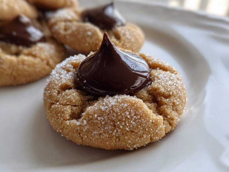 A close-up shot of a perfectly baked peanut butter kiss cookie, rolled in sugar and topped with a melted chocolate kiss.
