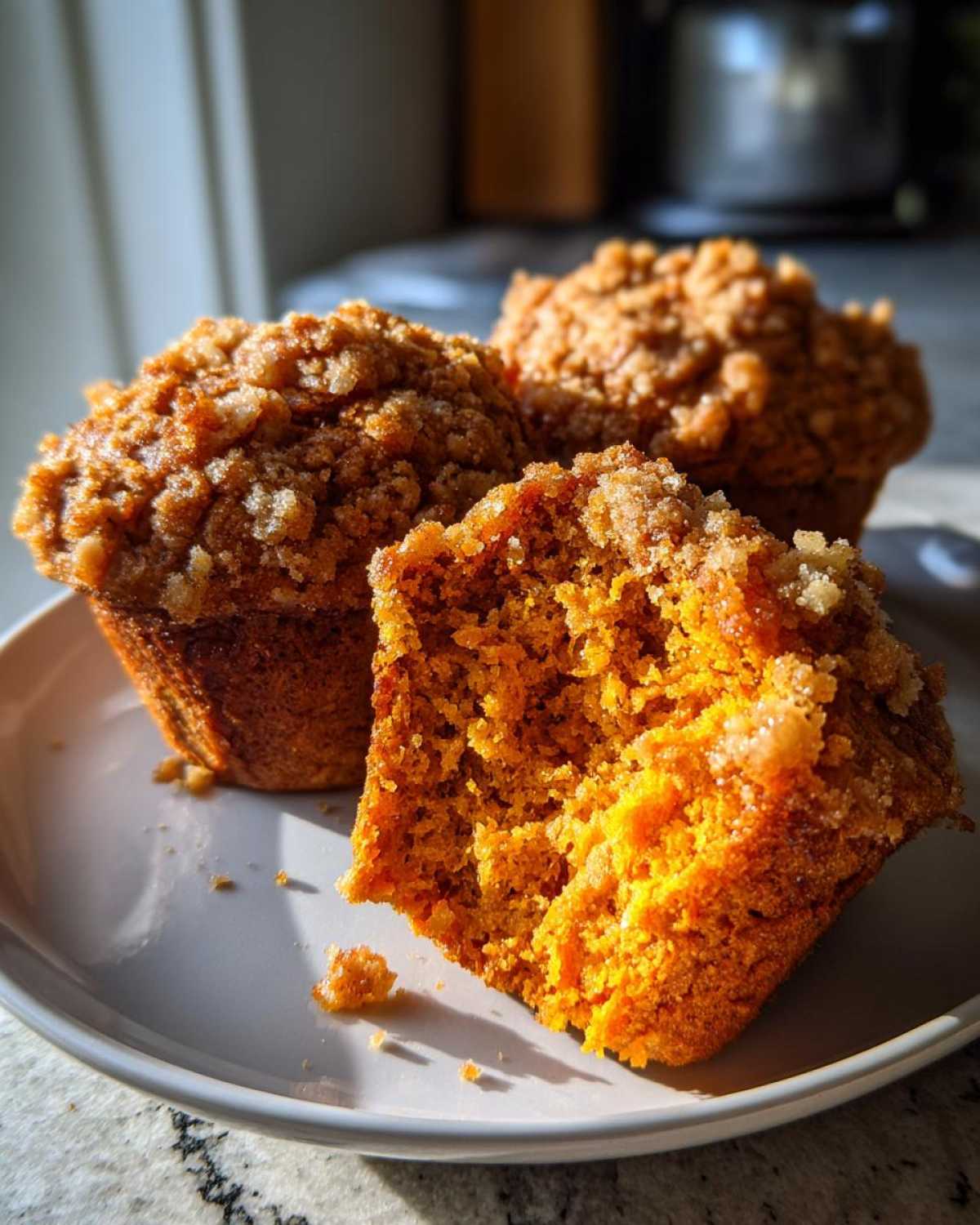 Close-up of a halved sweet potato muffin showing the moist interior and sugary crumb topping.