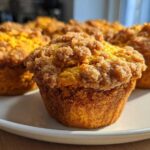 A close-up of several moist, orange sweet potato muffins topped with a generous layer of cinnamon streusel.