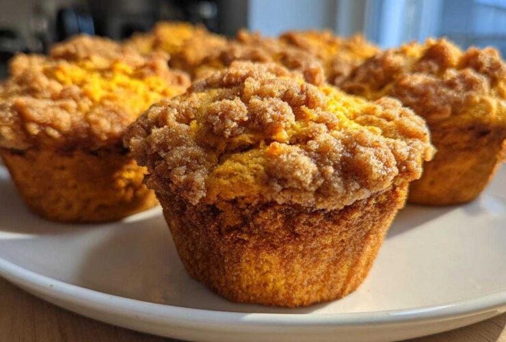 A close-up of several moist, orange sweet potato muffins topped with a generous layer of cinnamon streusel.