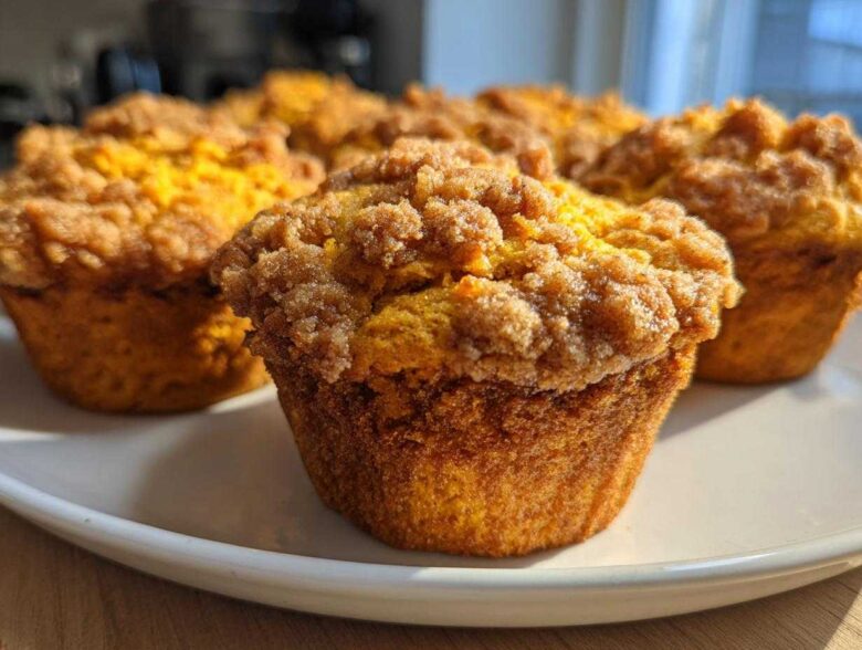 A close-up of several moist, orange sweet potato muffins topped with a generous layer of cinnamon streusel.