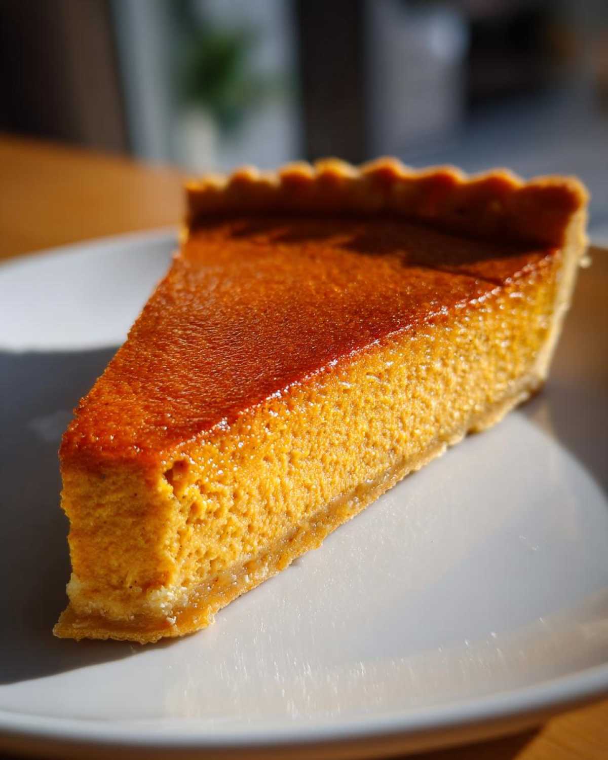 A close-up, sunlit slice of rich orange sweet potato pie resting on a white plate.