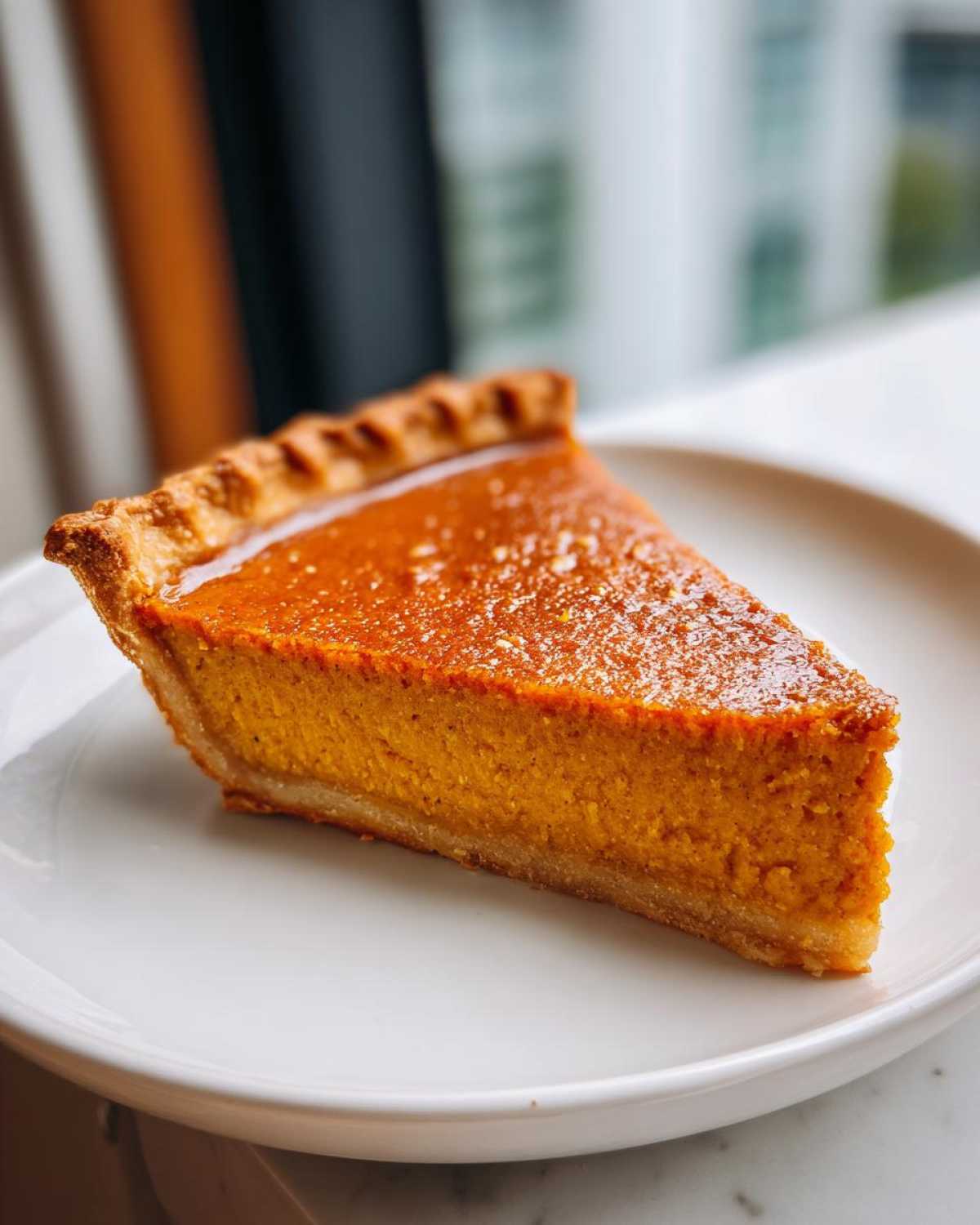 A close-up of a rich, orange slice of sweet potato pie resting on a white plate.