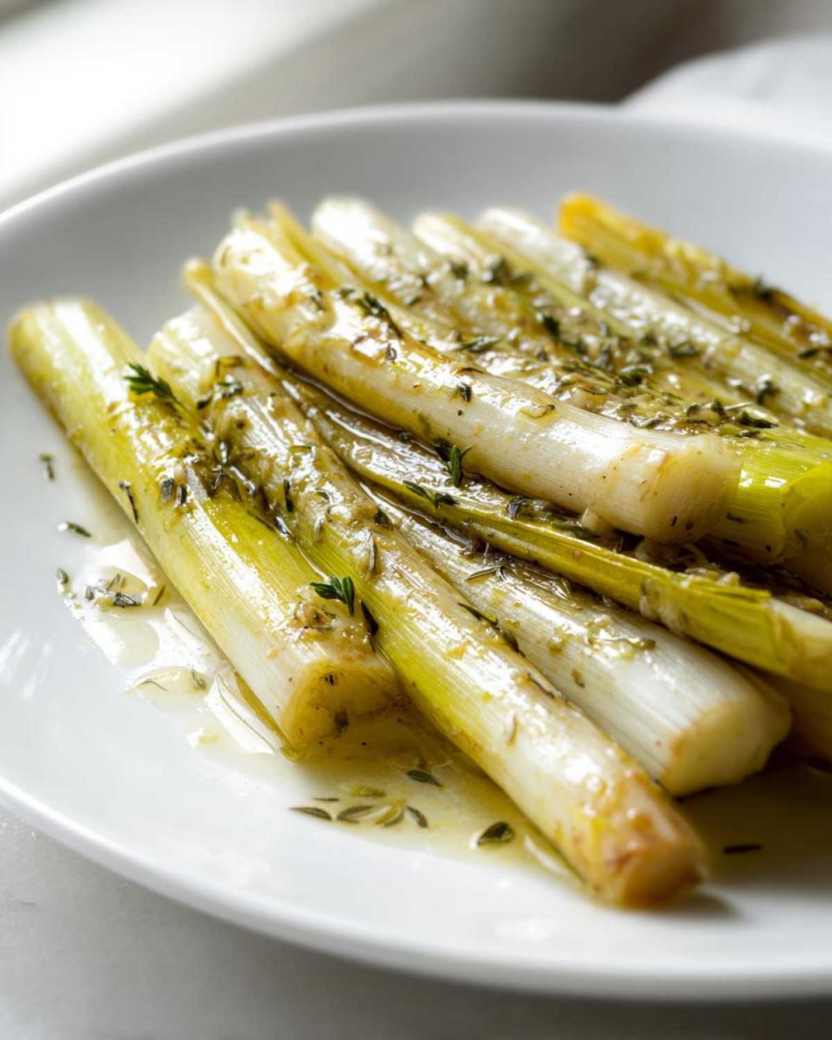 Close-up of tender braised leeks served on a white plate, glistening with a buttery sauce and sprinkled with herbs.