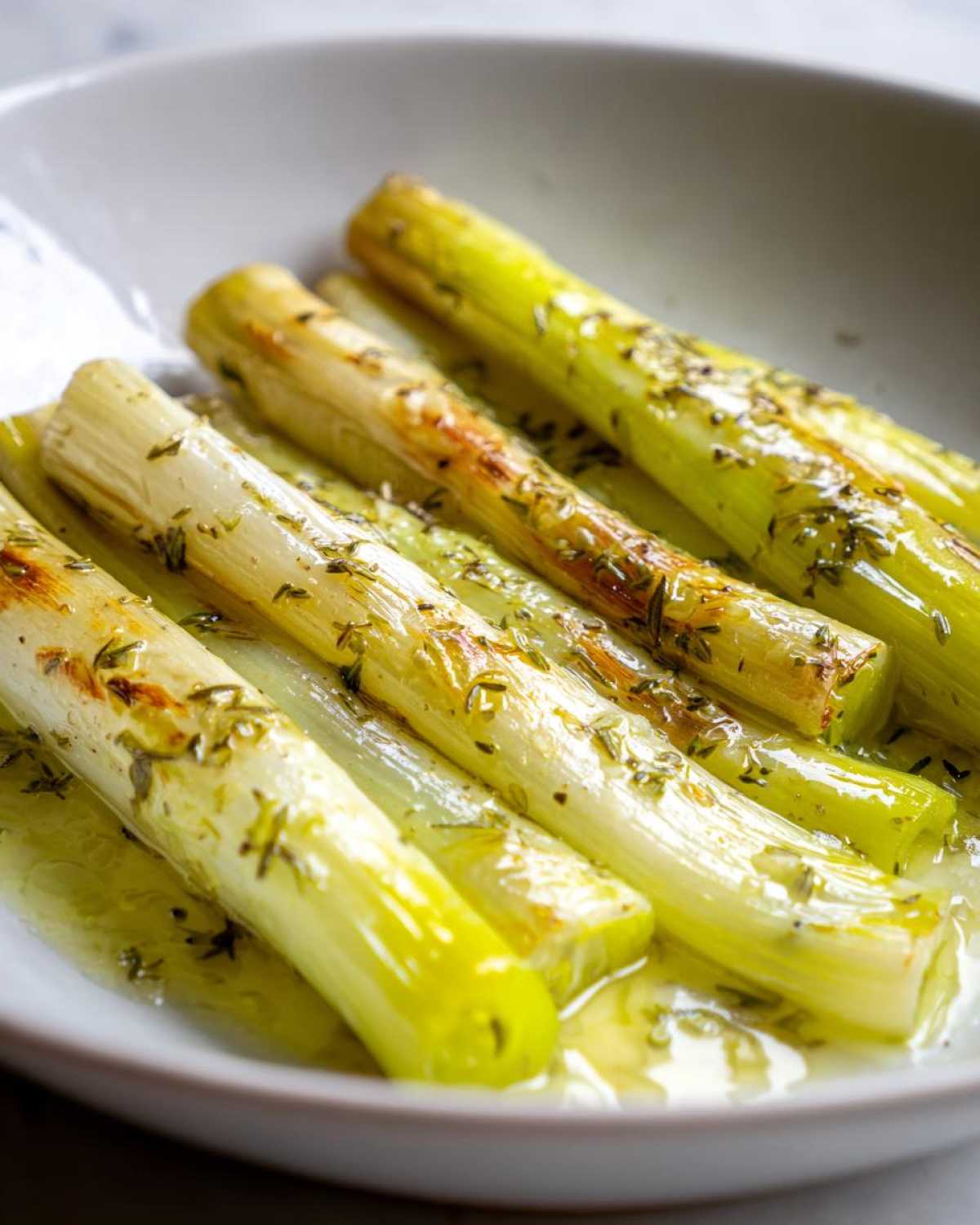Close-up of tender braised leeks seasoned with herbs, sitting in a light sauce in a white serving dish.