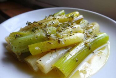 Close-up of tender braised leeks, glistening in butter or sauce and topped with fresh thyme.