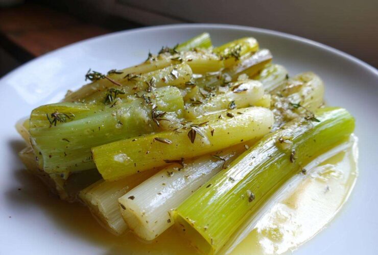 Close-up of tender braised leeks, glistening in butter or sauce and topped with fresh thyme.