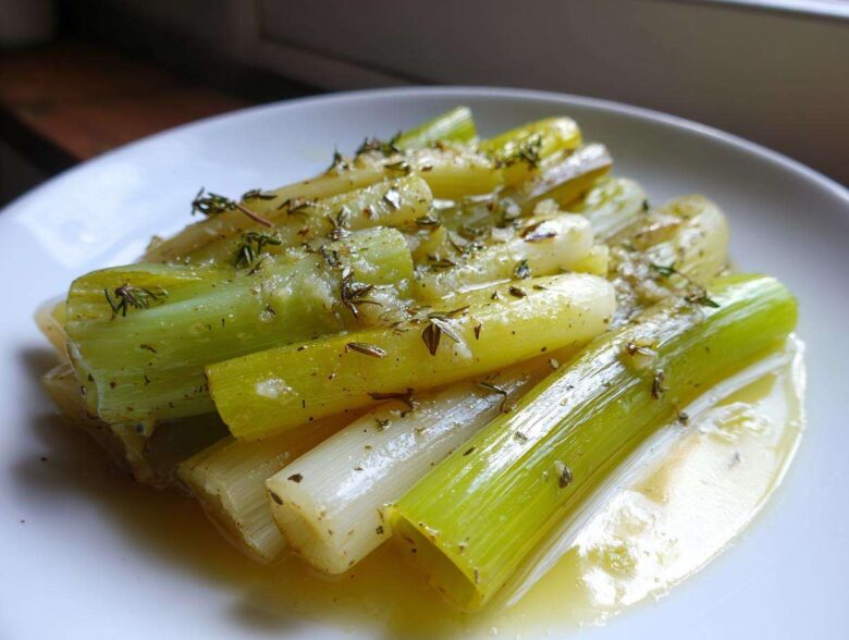 Close-up of tender braised leeks, glistening in butter or sauce and topped with fresh thyme.