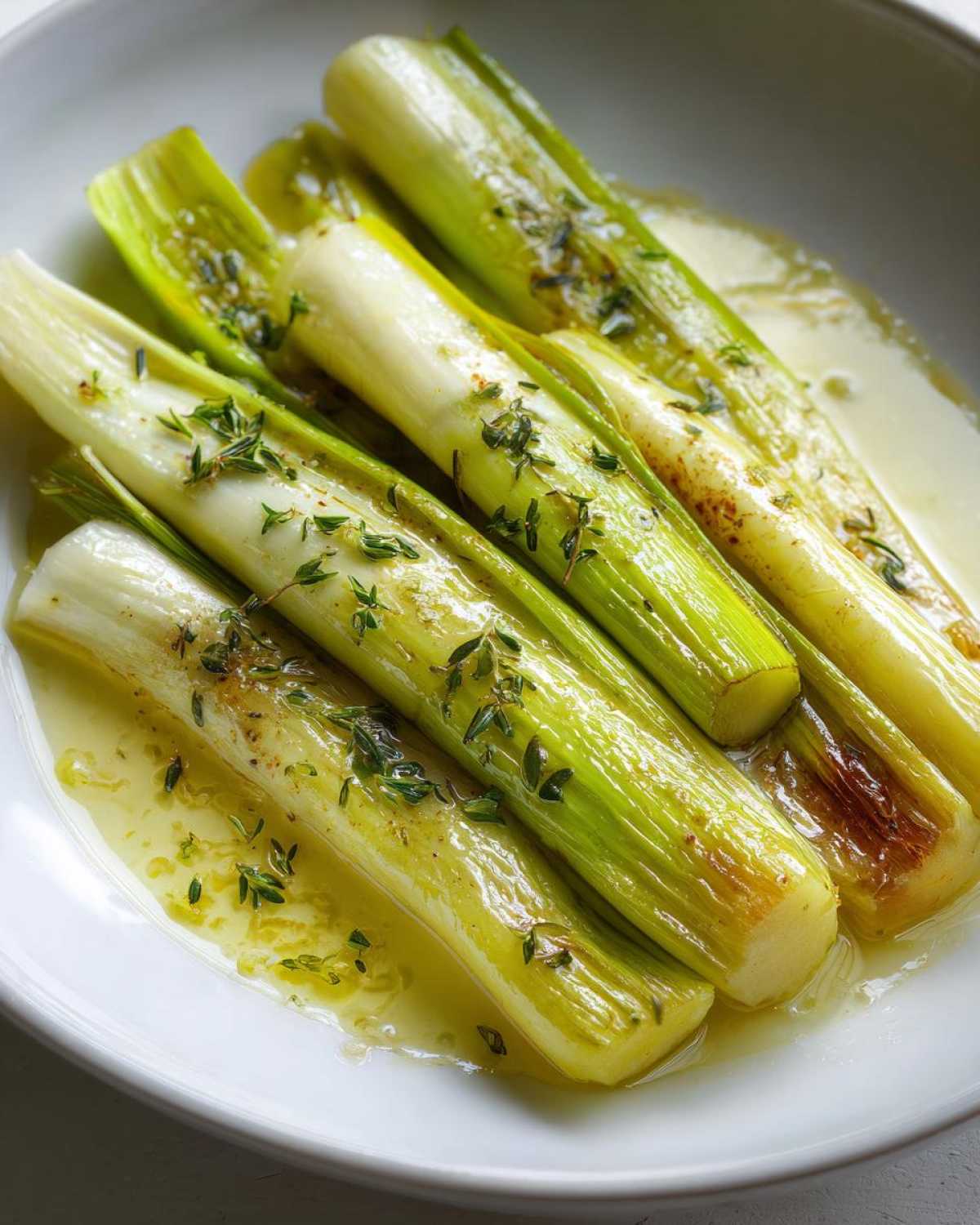 Close-up of tender braised leeks served in a white bowl with butter sauce and fresh thyme.