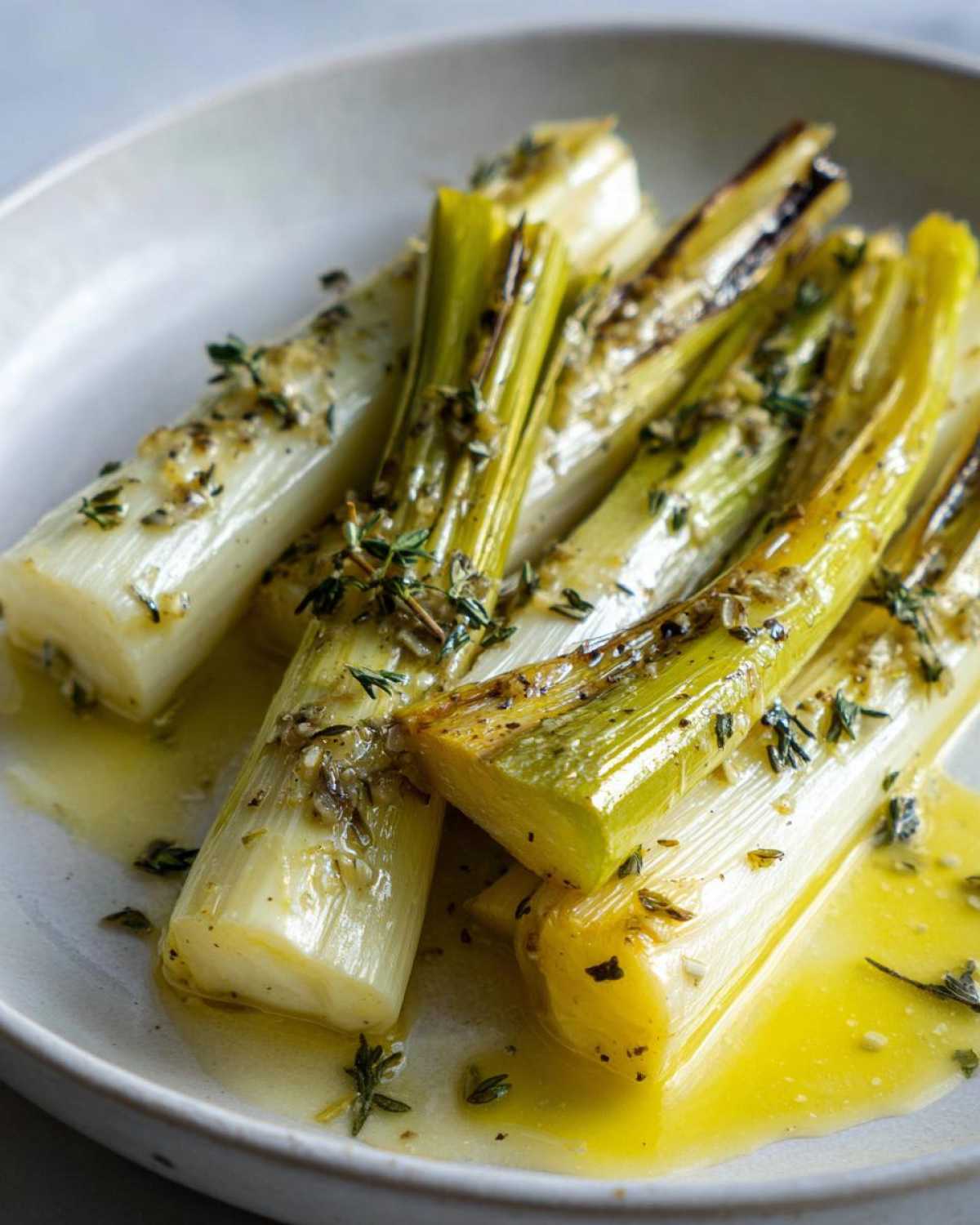 Close-up of tender braised leeks served on a plate swimming in a rich, buttery sauce and topped with fresh thyme.