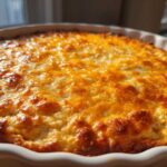 Close-up of a bubbly, golden-brown baked Texas Trash Dip in a white ruffled baking dish.