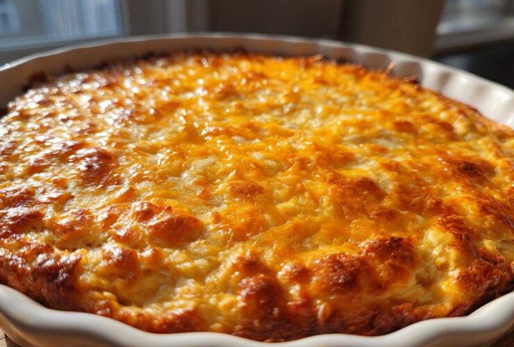 Close-up of a bubbly, golden-brown baked Texas Trash Dip in a white ruffled baking dish.