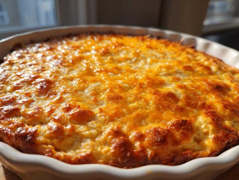 Close-up of a bubbly, golden-brown baked Texas Trash Dip in a white ruffled baking dish.