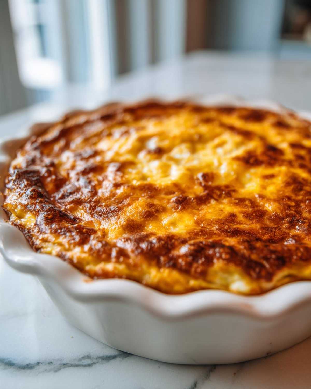 Close-up of a golden-brown, bubbly baked Texas Trash Dip in a white, fluted pie dish.