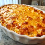 Close-up of a hot, bubbly Texas Trash Dip in a white oval baking dish, topped with melted, golden-brown cheddar cheese.