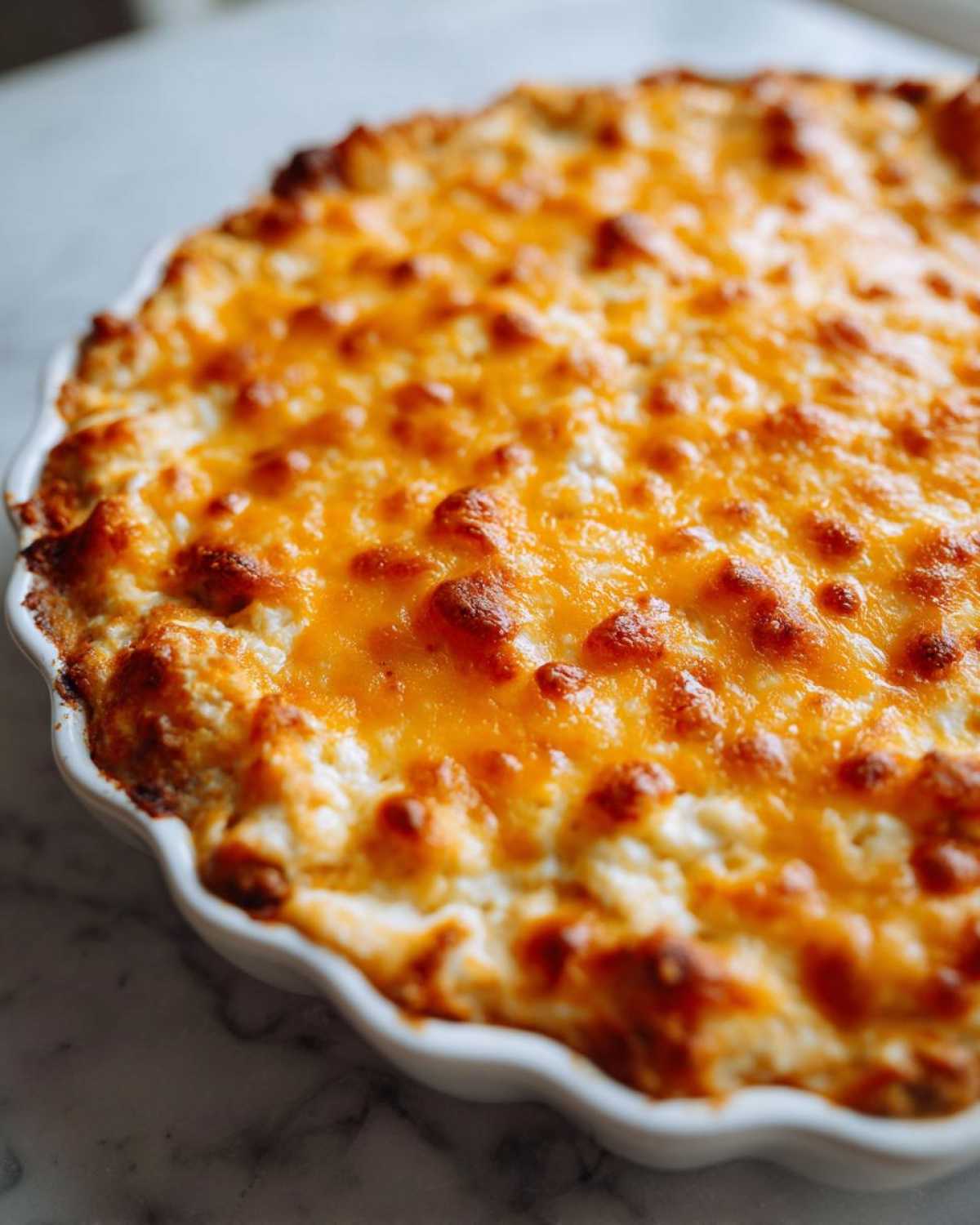 Close-up of hot, bubbly Texas Trash Dip topped with golden brown melted cheddar cheese in a white baking dish.