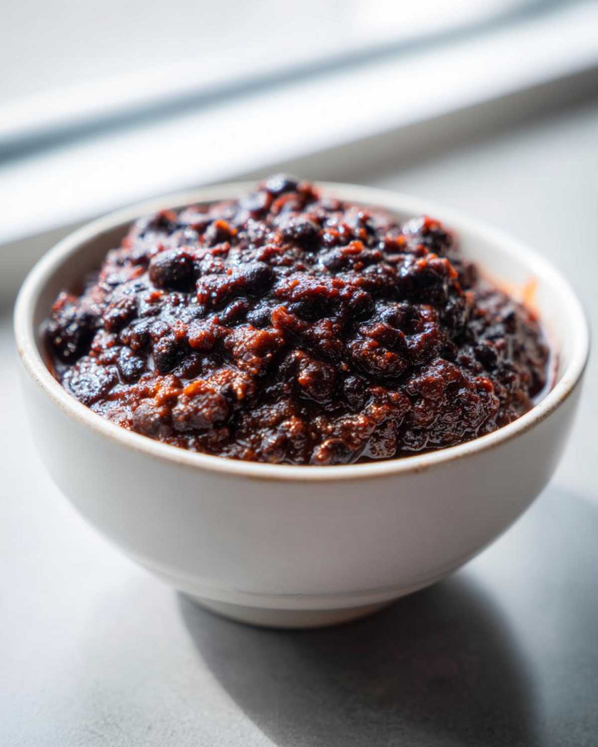 Close-up of a small white bowl filled with thick, dark, rich black bean chili paste.