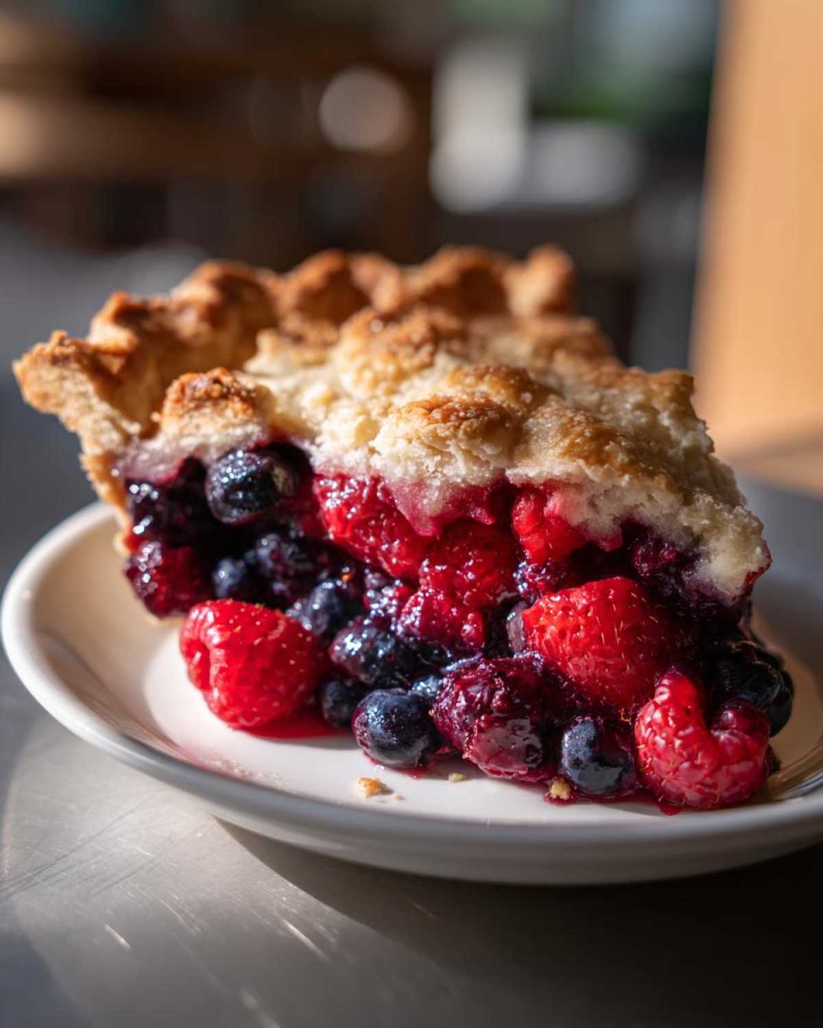 A close-up of a thick slice of triple berry pie showing juicy raspberries and blueberries filling.