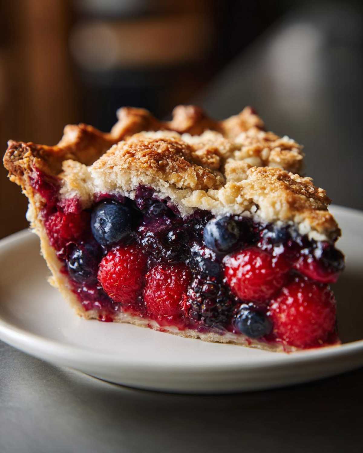 A close-up of a perfect slice of triple berry pie showing raspberries, blueberries, and a golden crumb topping.
