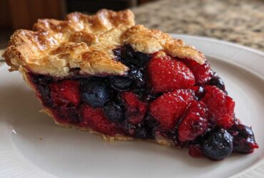 A close-up of a generous slice of triple berry pie showing juicy strawberries, blueberries, and a flaky golden crust.