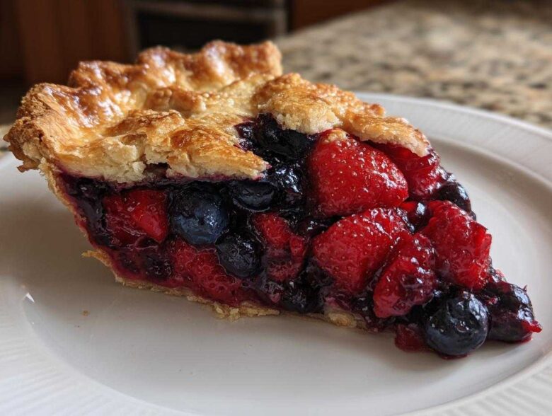 A close-up of a generous slice of triple berry pie showing juicy strawberries, blueberries, and a flaky golden crust.