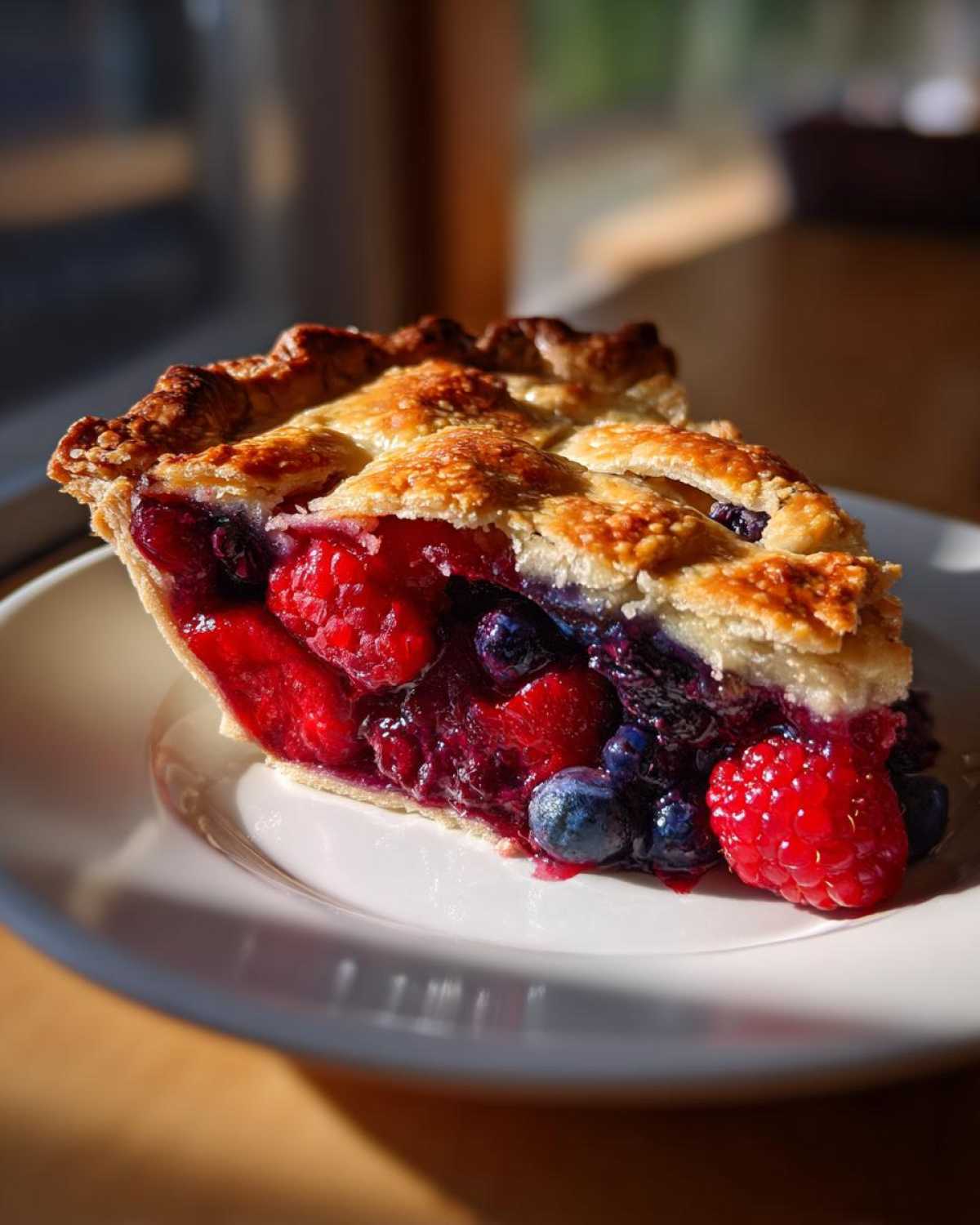 A close-up slice of triple berry pie showing a juicy berry filling and golden lattice crust, served on a white plate.