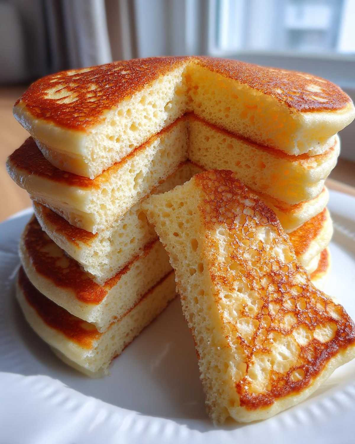 Close-up showing the incredibly fluffy interior texture of a stack of golden brown fluffy pancakes.