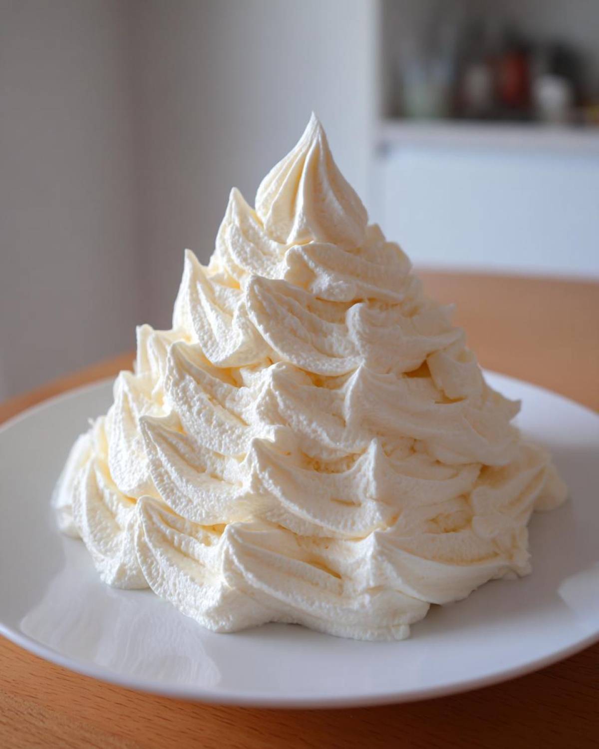A large mound of perfectly piped, creamy white vanilla buttercream frosting on a white plate.