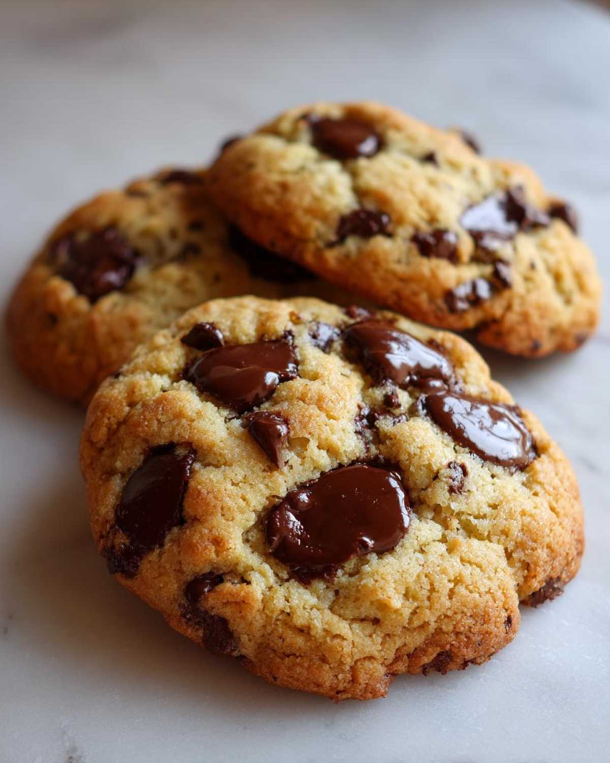 Close-up of three freshly baked vegan chocolate chip cookies with gooey, melted chocolate chunks on a white marble surface.