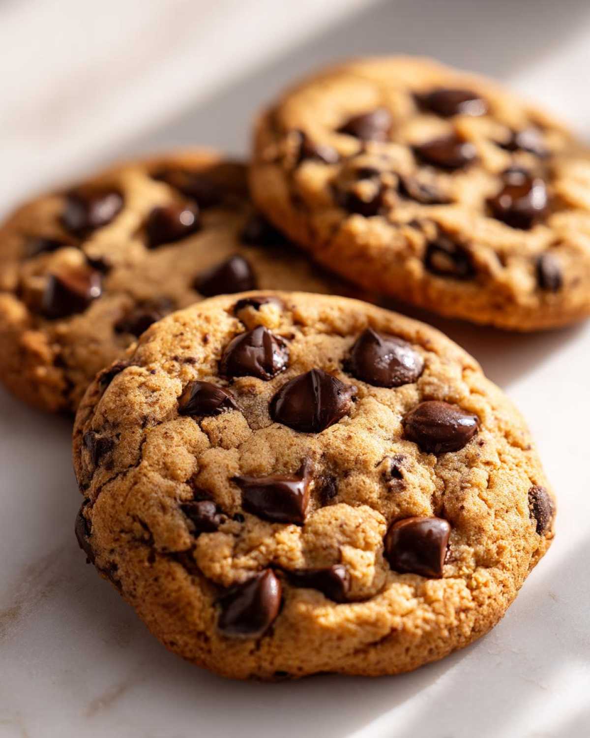 Close-up of three freshly baked vegan chocolate chip cookies with melted chocolate chunks on a light surface.