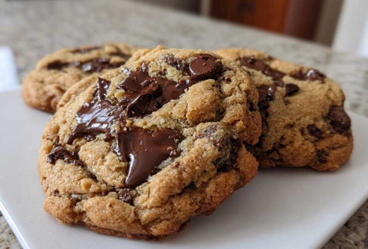 Three freshly baked vegan chocolate chip cookies with gooey, melted chocolate chunks on a white plate.