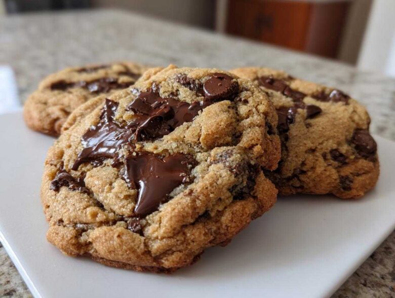 Three freshly baked vegan chocolate chip cookies with gooey, melted chocolate chunks on a white plate.