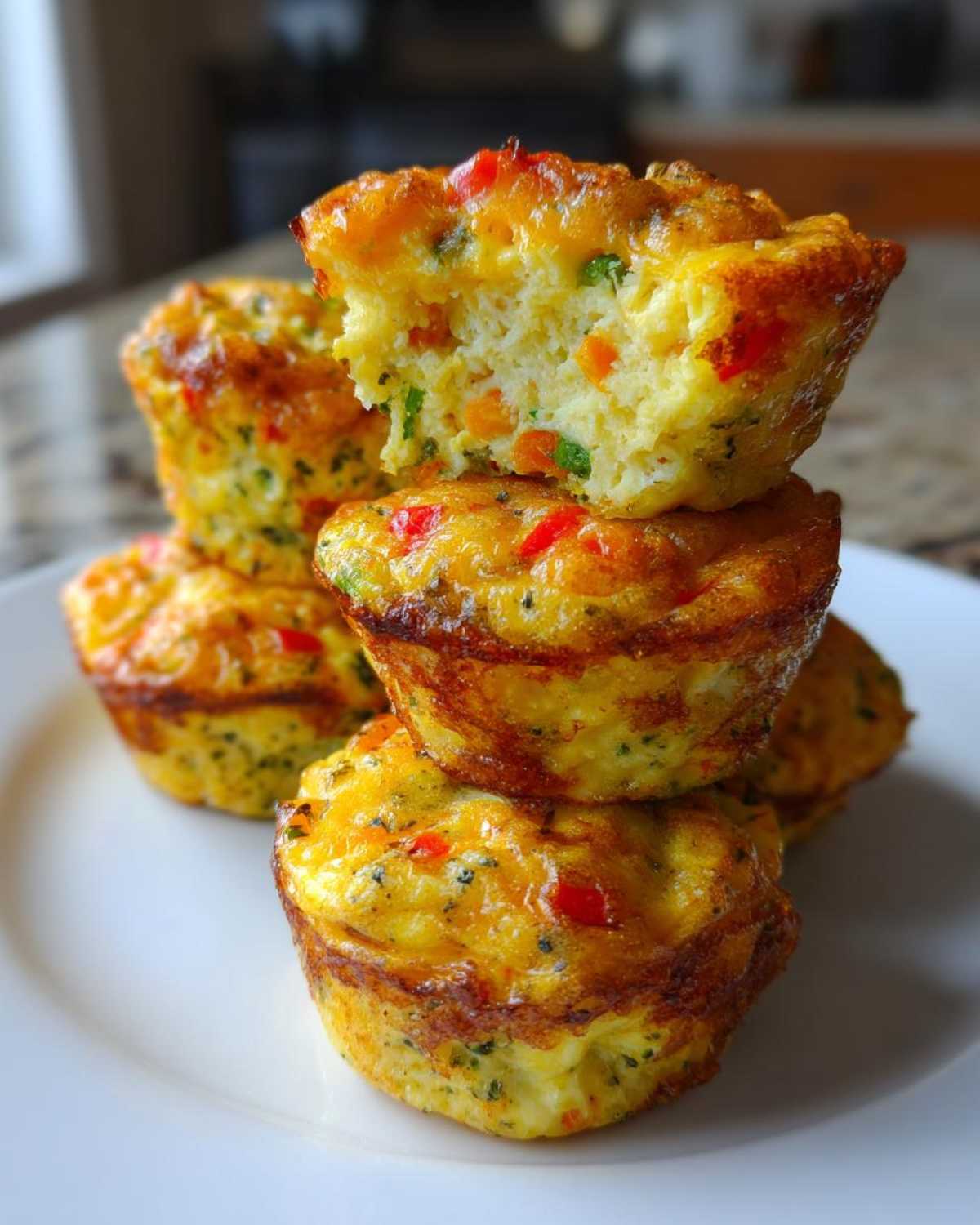 A stack of golden-brown vegetable egg bites, with the top one bitten open to show the fluffy egg interior.