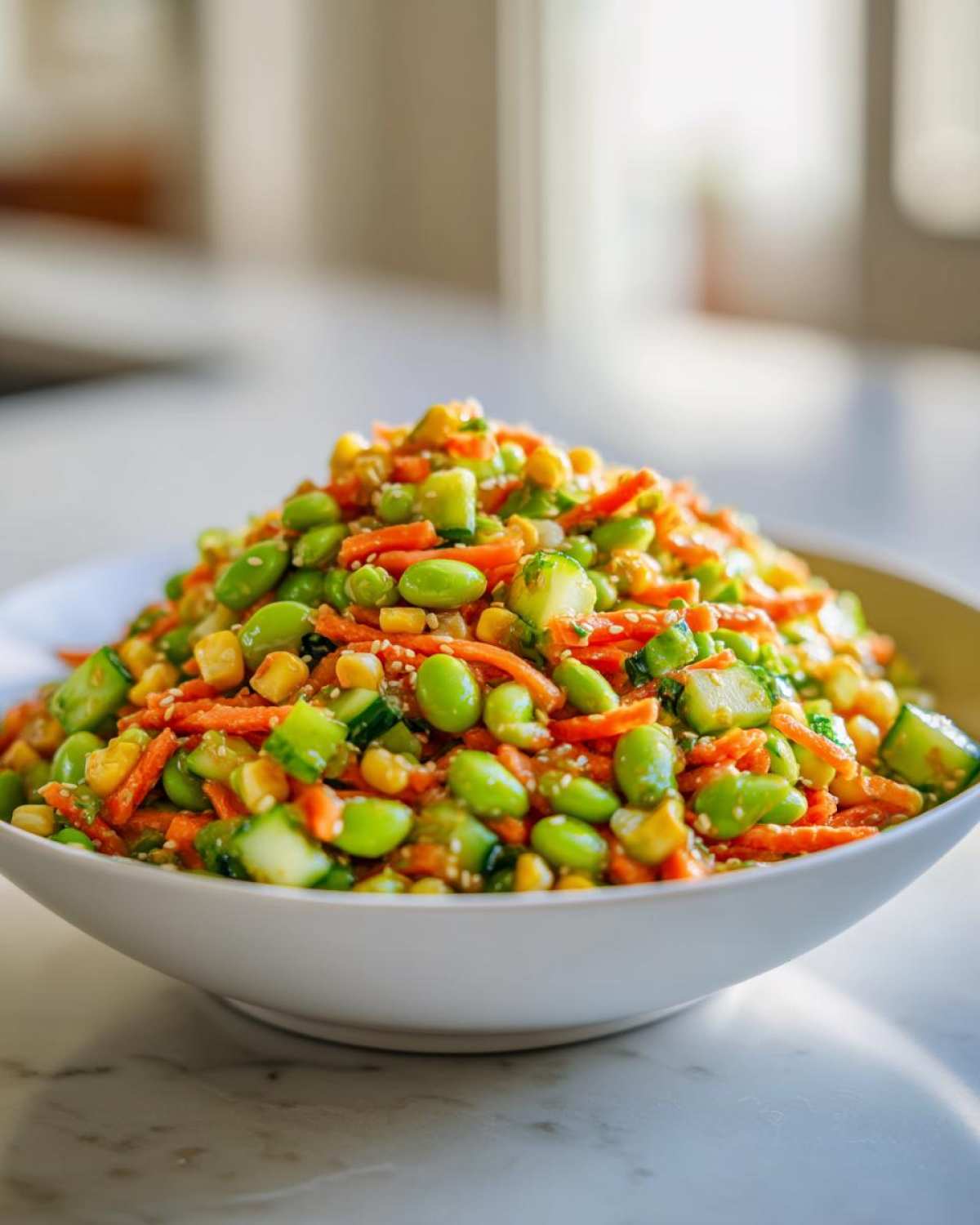 A close-up of a colorful edamame salad featuring bright green edamame, shredded carrots, corn, and sesame seeds.