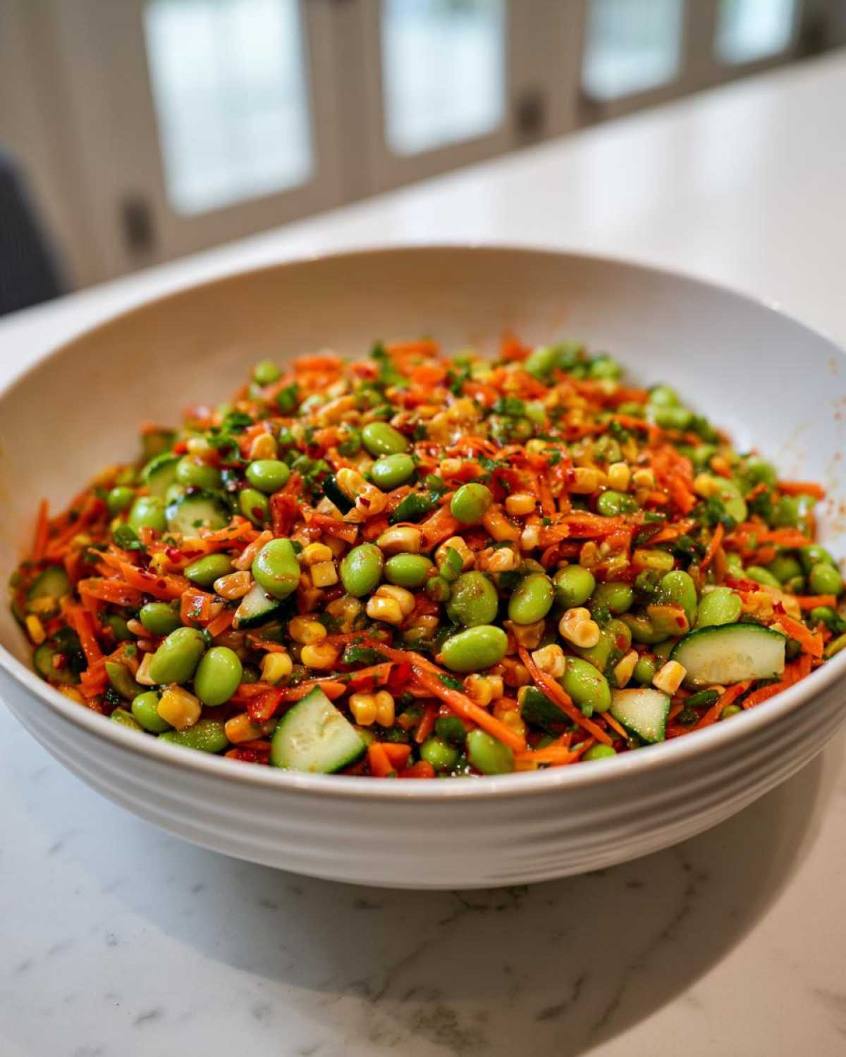A large white bowl filled with vibrant edamame salad featuring edamame, shredded carrots, corn, and cucumber slices.