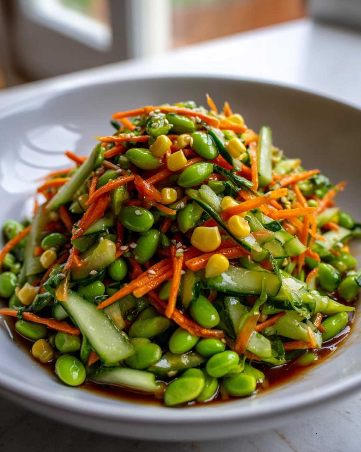 Close-up of a vibrant edamame salad featuring shelled edamame, shredded carrots, sliced cucumber, and corn in a savory dressing.
