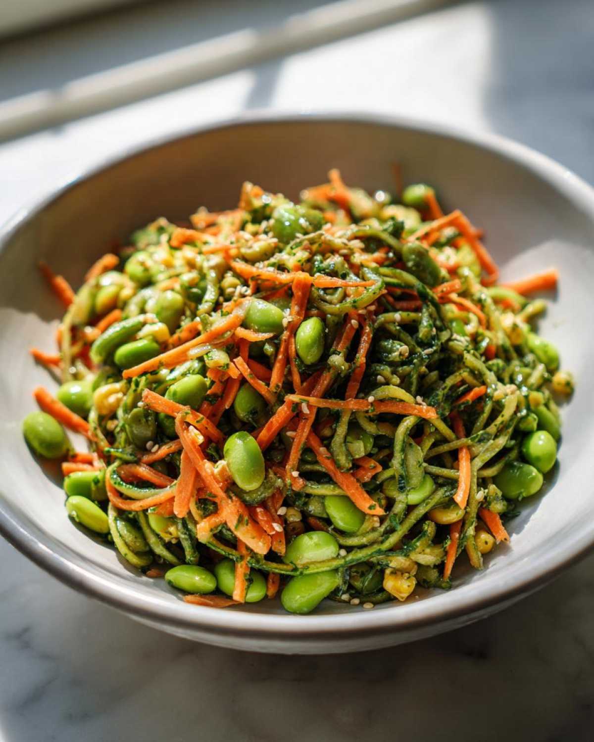 A close-up of a vibrant edamame salad featuring bright green edamame beans, shredded carrots, and zucchini noodles tossed in a green dressing.
