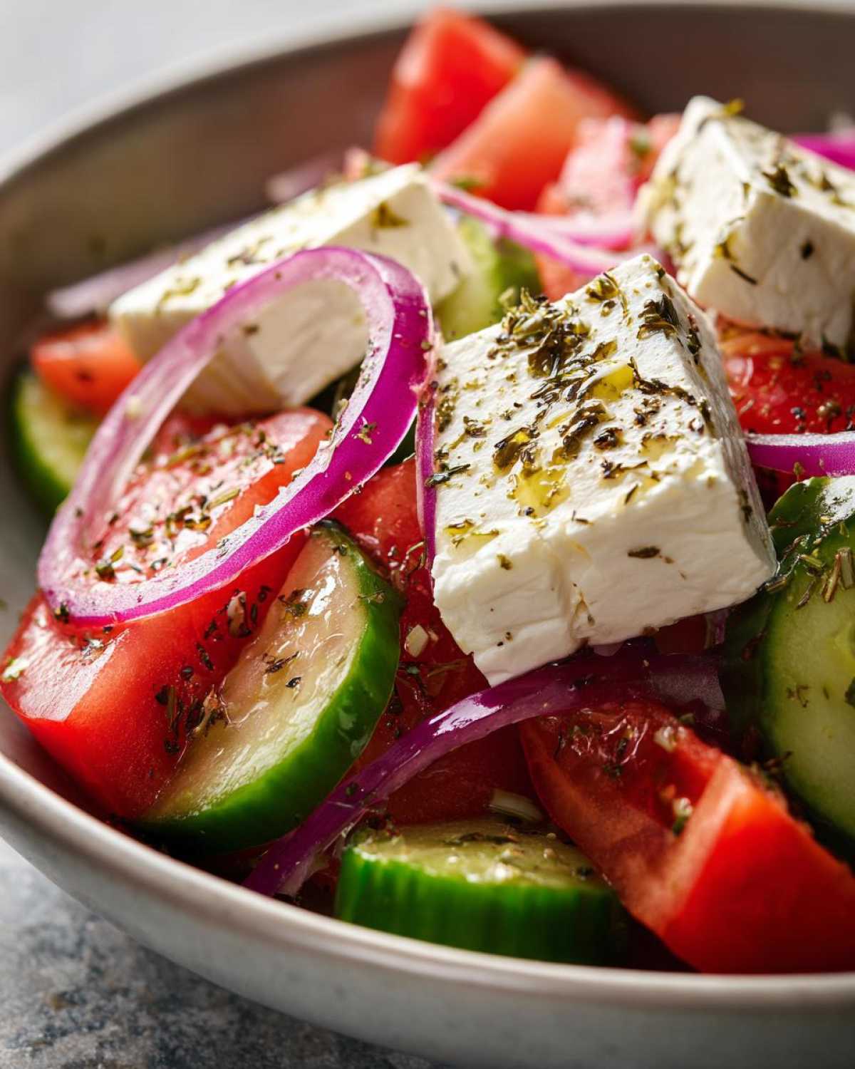 Close-up of a vibrant greek salad featuring large cubes of feta, red onion slices, tomatoes, and cucumbers drizzled with oil and herbs.