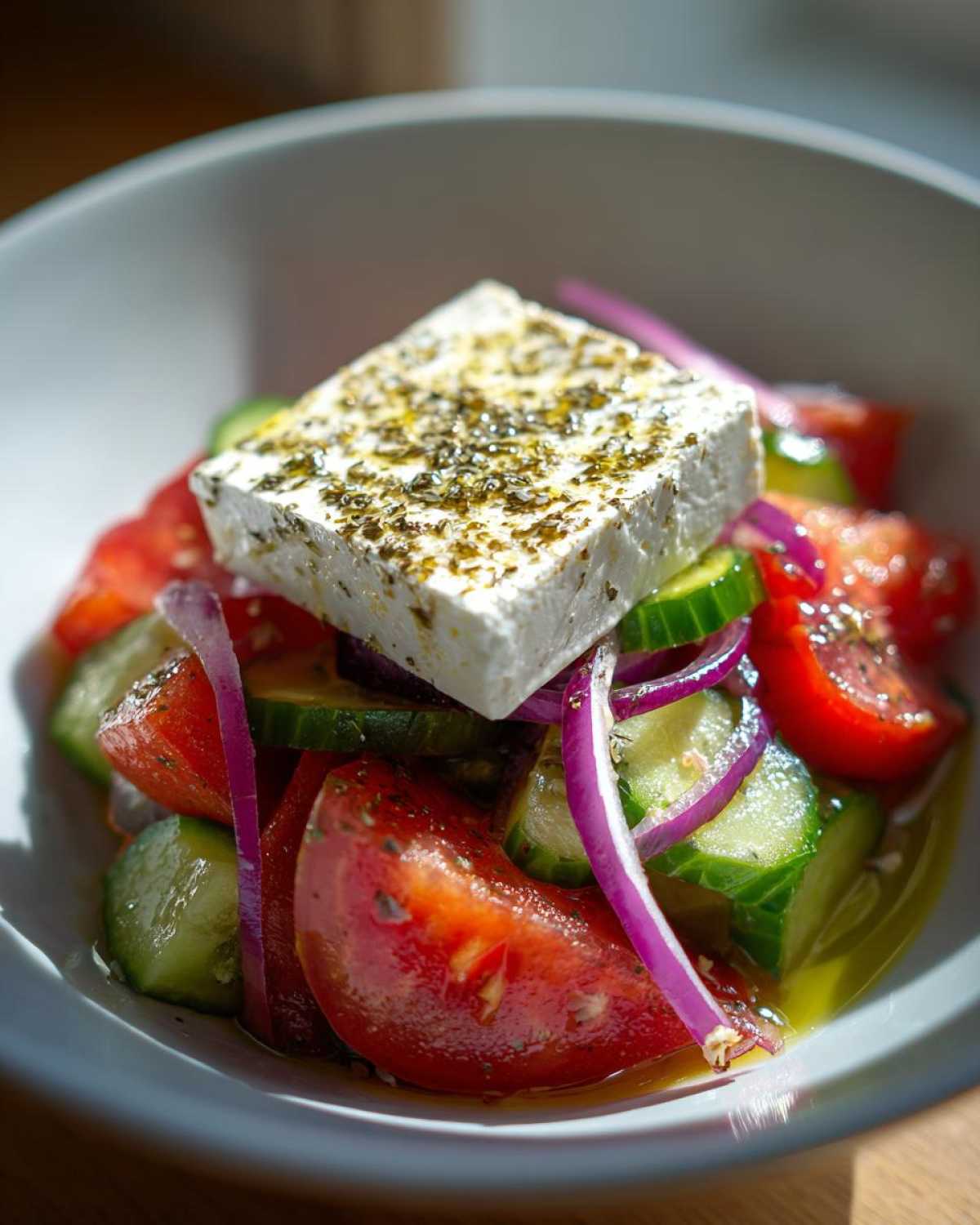 Close-up of a vibrant greek salad featuring tomatoes, cucumbers, red onion, and a large block of feta cheese seasoned with herbs.