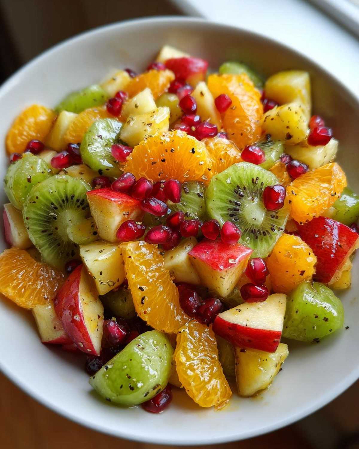 Close-up of a vibrant winter fruit salad featuring kiwi slices, orange segments, apple chunks, and pomegranate seeds.
